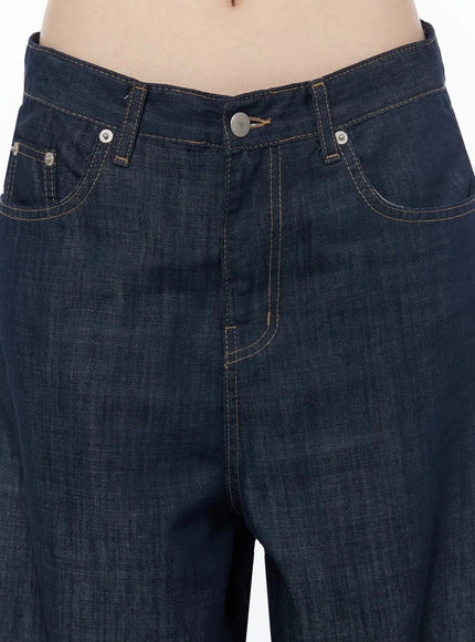 Brinny Vintage Wide-Leg Jeans IU525 Dark blue close-up detail of waistband button fly front pockets and contrast orange stitching on model