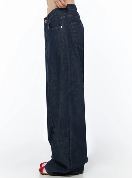 Brinny Vintage Wide-Leg Jeans IU525 Dark blue side profile waist-to-hem on model showing low-rise waistband side pocket seam and full wide-leg silhouette length