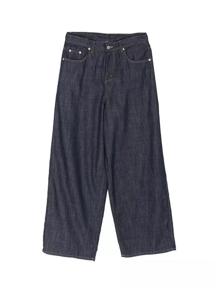 Brinny Vintage Wide-Leg Jeans IU525 Dark blue flat-lay front view showing full wide-leg silhouette V-waistband five-pocket construction and contrast stitching on white background