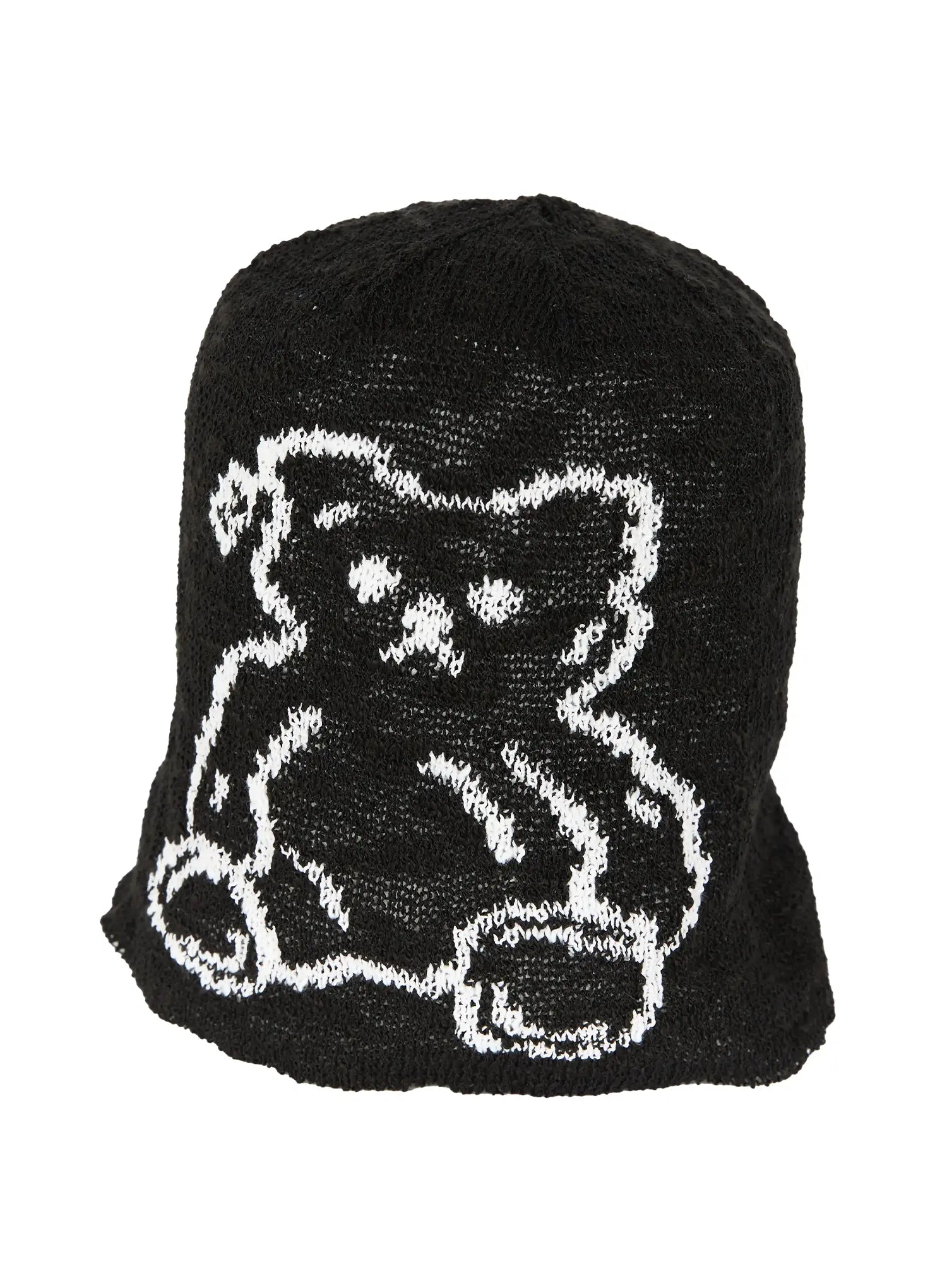 Brooks Bear Beanie IL503 Black flat product shot, front view showing white intarsia bear graphic on open-brim loose knit black beanie