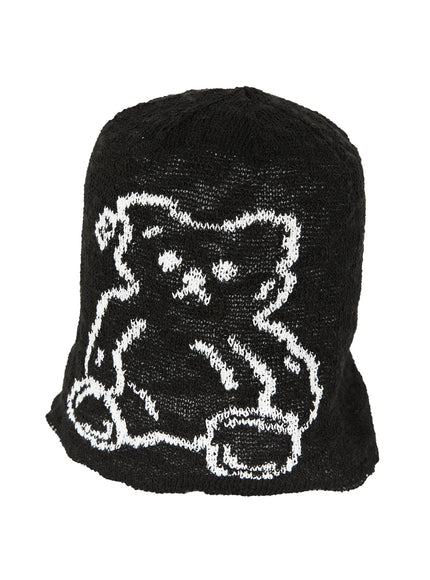 Brooks Bear Beanie IL503 Black flat product shot, front view showing white intarsia bear graphic on open-brim loose knit black beanie