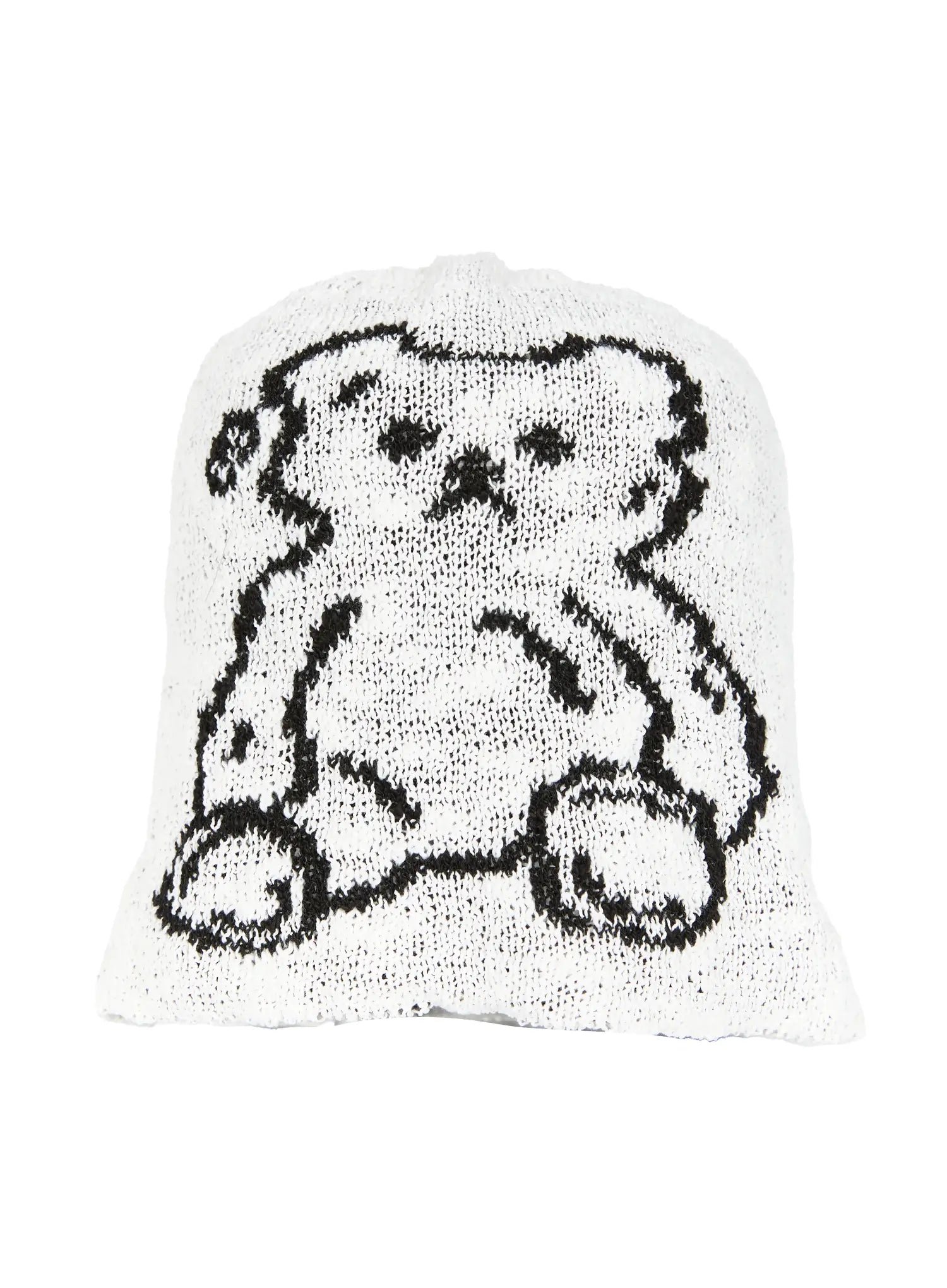 Brooks Bear Beanie IL503 White flat front product shot, black intarsia teddy bear graphic centered on loose open-knit white beanie