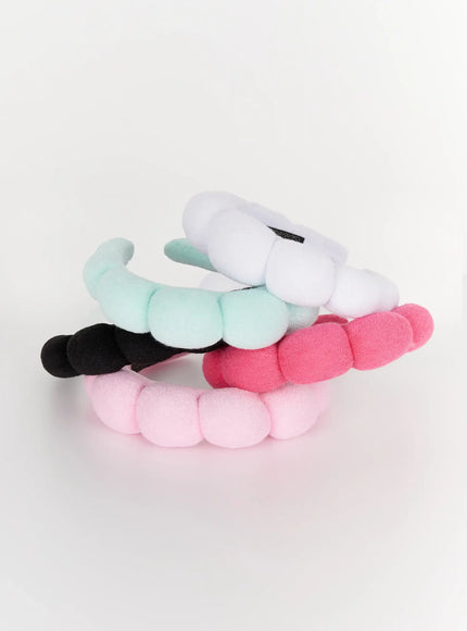 Bubble Headband IL506 multi-color detail flat-lay five bubble headbands in white, mint, black, hot pink, and light pink fanned out showing inner band