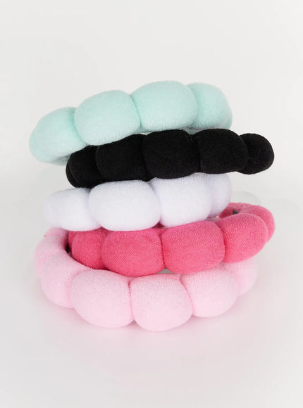 Bubble Headband IL506 multi-color flat-lay stack of five bubble headbands in mint, black, white, hot pink, and light pink terry fabric