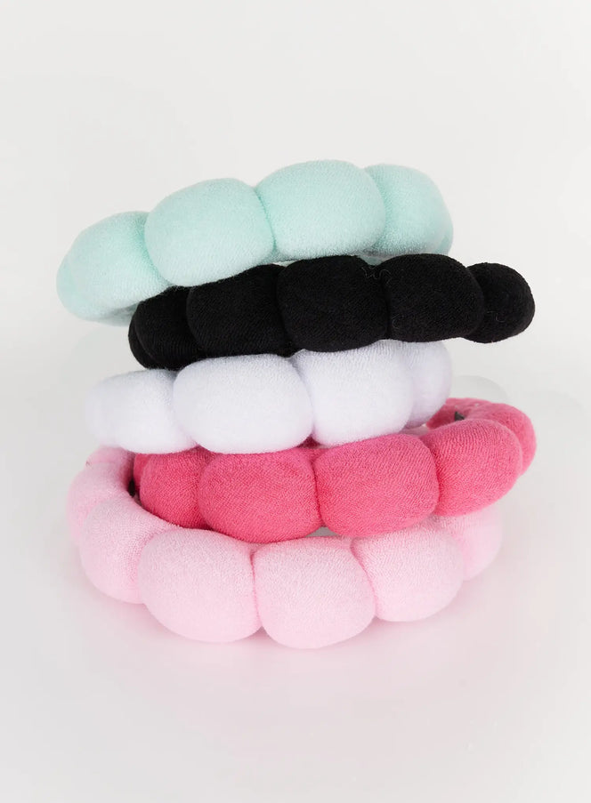 Bubble Headband IL506 multi-color flat-lay stack of five bubble headbands in mint, black, white, hot pink, and light pink terry fabric