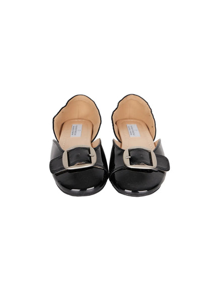 Buckle Detail Flats CU530 Black flat-lay front pair shot showing glossy patent leather square toe, oversized silver square buckle and scalloped collar