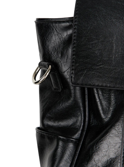 Buckle Faux Leather Shoulder Bag IL523 Black back flat shot on white background showing smooth faux leather panel side pockets and silver buckle straps