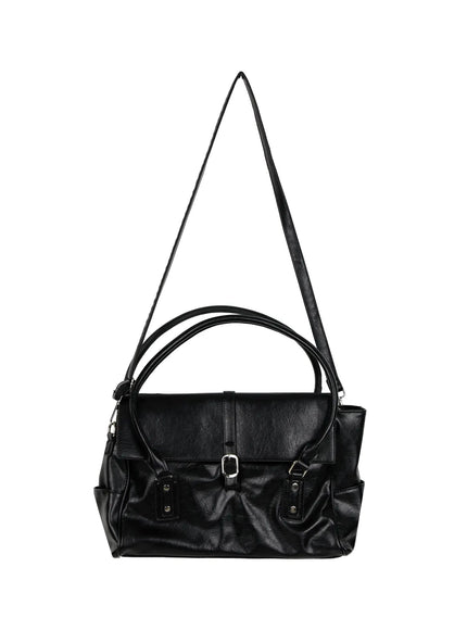 Buckle Faux Leather Shoulder Bag IL523 Black close-up detail of silver snap hook clasp connecting adjustable shoulder strap to bag body