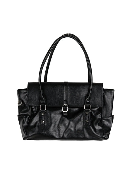 Buckle Faux Leather Shoulder Bag IL523 Black close-up detail of center silver square buckle on strap with crinkled faux leather texture