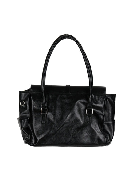 Buckle Faux Leather Shoulder Bag IL523 Black front flat shot with long adjustable crossbody shoulder strap attached showing convertible carry style