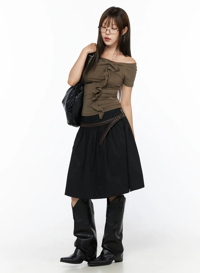 LEWKIN Buckle Midi Skirt CL517 Black S/M full-body front model shot styled with brown off-shoulder top, braided belt, and black cowboy boots