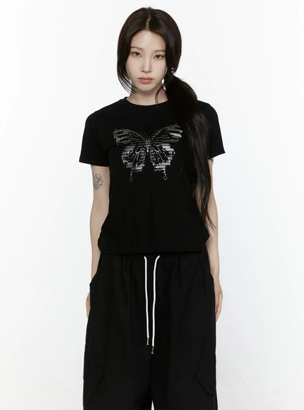 Butterfly Graphic Crop Tee IL521 in Black, size S/M