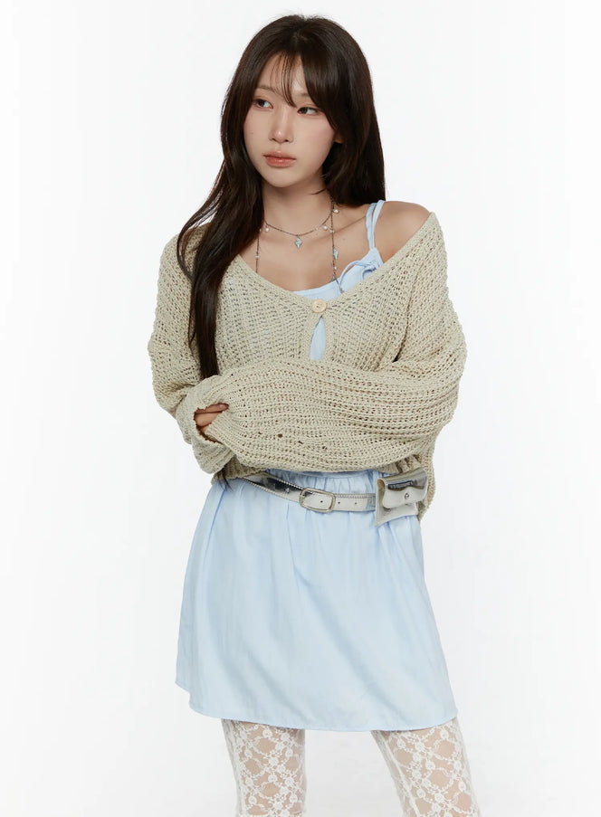 Button Knit Cardigan CL508 in Beige, size S/M