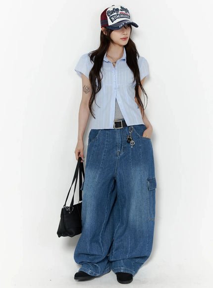 Button Up Linen Summer Blouse IL506 Light blue full-body front shot on model styled with wide-leg cargo denim and black bag