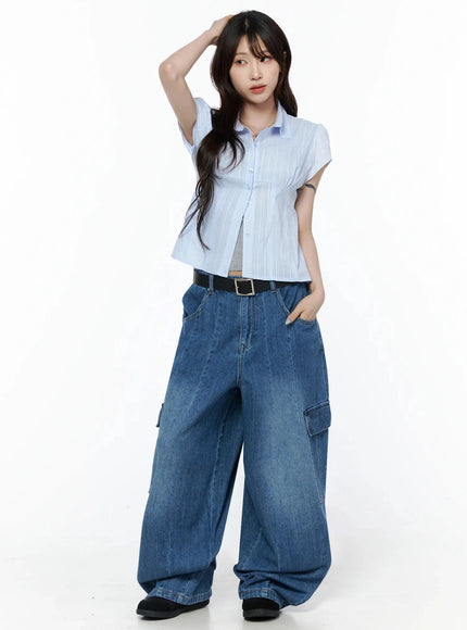 Button Up Linen Summer Blouse IL506 Light blue close-up front detail showing point collar button placket empire seam and stripe texture