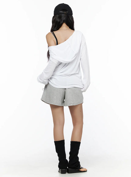 Button-Up Sheer Hoodie Top CL513 White back view model in black cap showing off-shoulder drape open back silhouette and sheer fabric texture