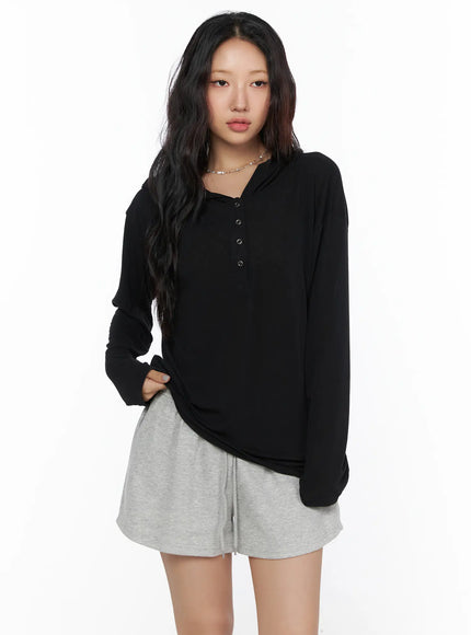 Button-Up Sheer Hoodie Top CL513 in Black, size S/M