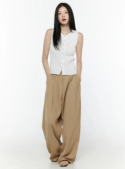 Button-Up Tank Top IL506 White front full-length shot on model with hands in pockets, sleeveless ribbed knit with button placket
