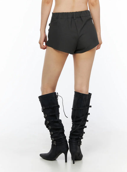 Buttoned Military High Waist Shorts CL502 Dark gray back shot on model displaying elasticated waistband, clean back panel, and curved hem