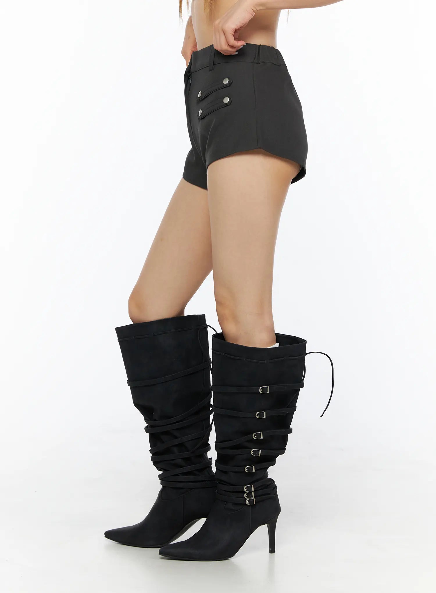 Buttoned Military High Waist Shorts CL502 Dark gray side shot on model revealing silver snap buttons on left pocket flap and slim silhouette profile