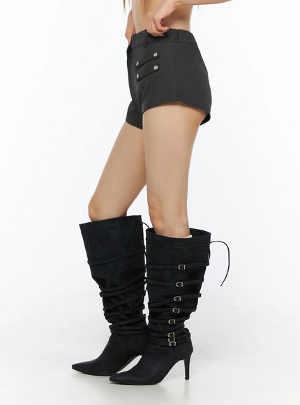 Buttoned Military High Waist Shorts CL502 Dark gray side shot on model revealing silver snap buttons on left pocket flap and slim silhouette profile