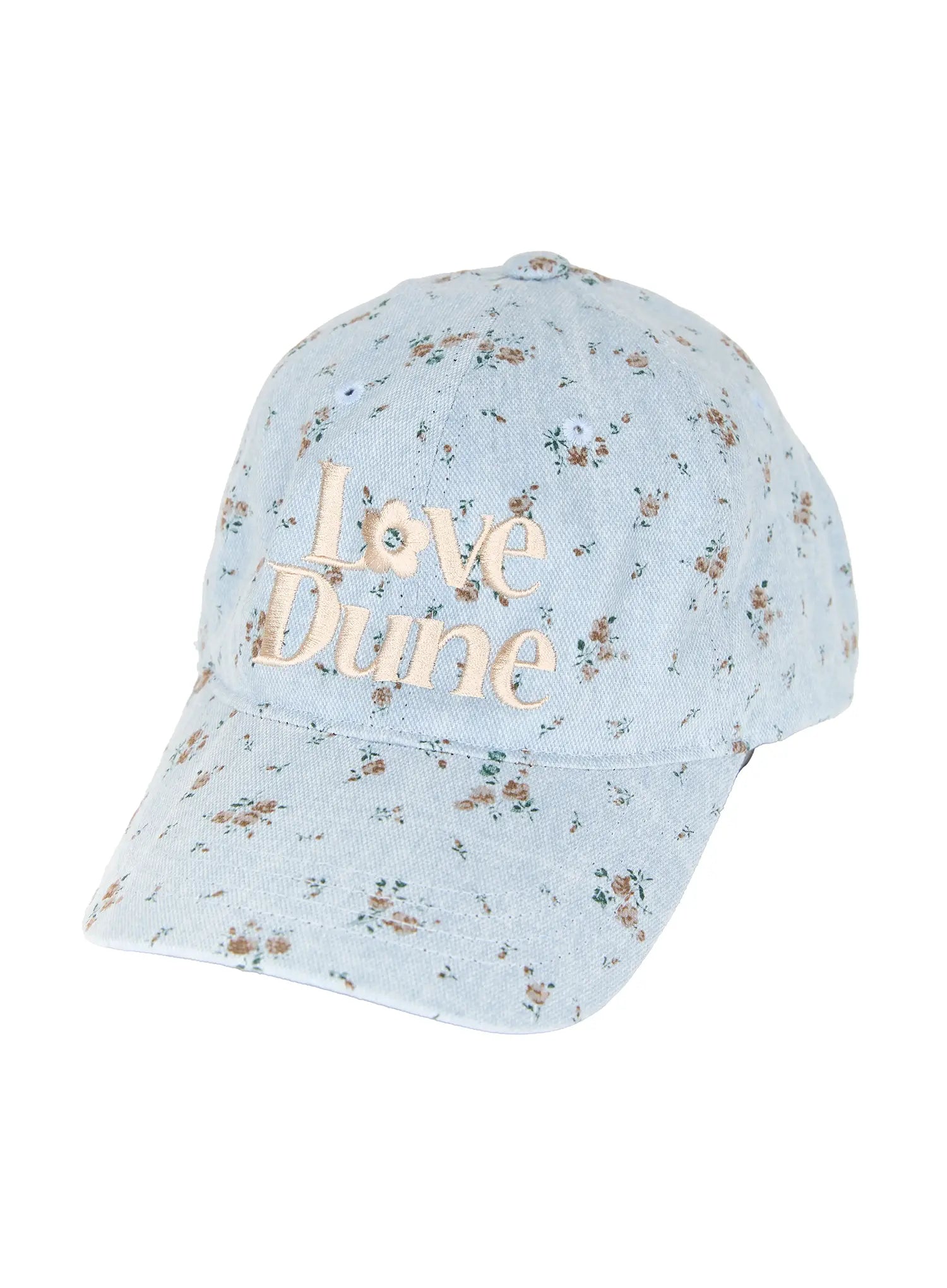 Camden Flower Ball Cap IL503 light blue flat product shot angled front view, cream Love Dune embroidery with floral motif accent on all-over ditsy floral denim fabric