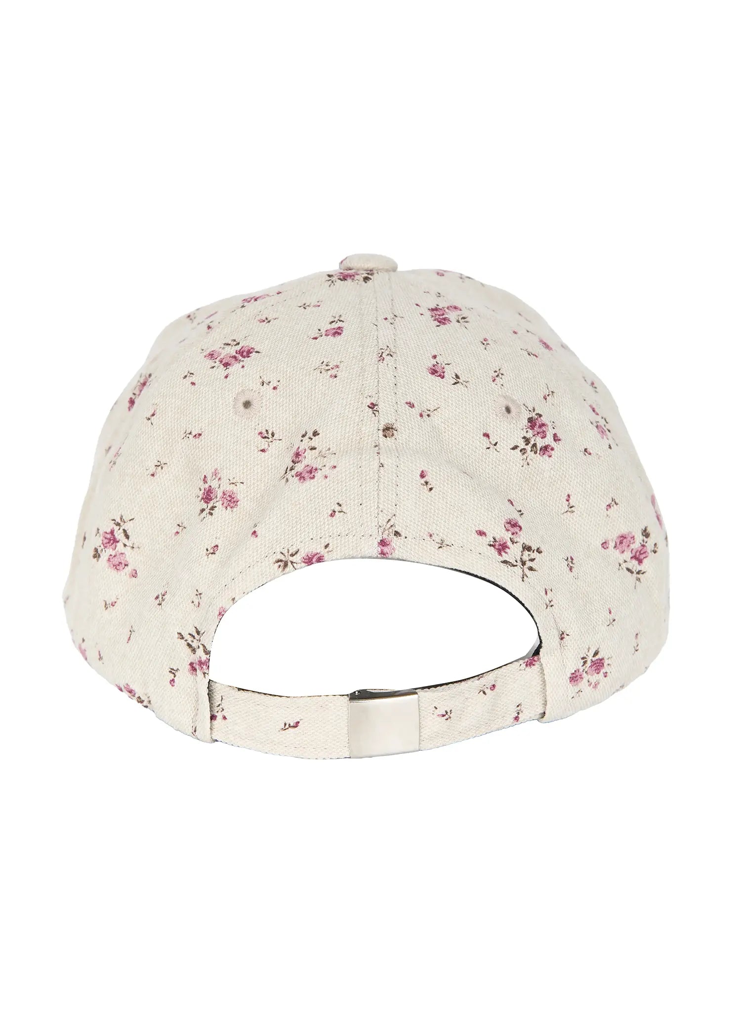 Camden Flower Ball Cap IL503 cream back product shot showing adjustable metal closure strap and all-over pink ditsy floral pattern on structured baseball cap