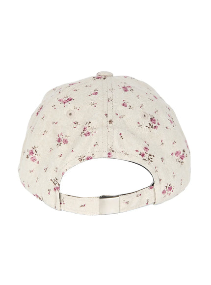 Camden Flower Ball Cap IL503 cream back product shot showing adjustable metal closure strap and all-over pink ditsy floral pattern on structured baseball cap