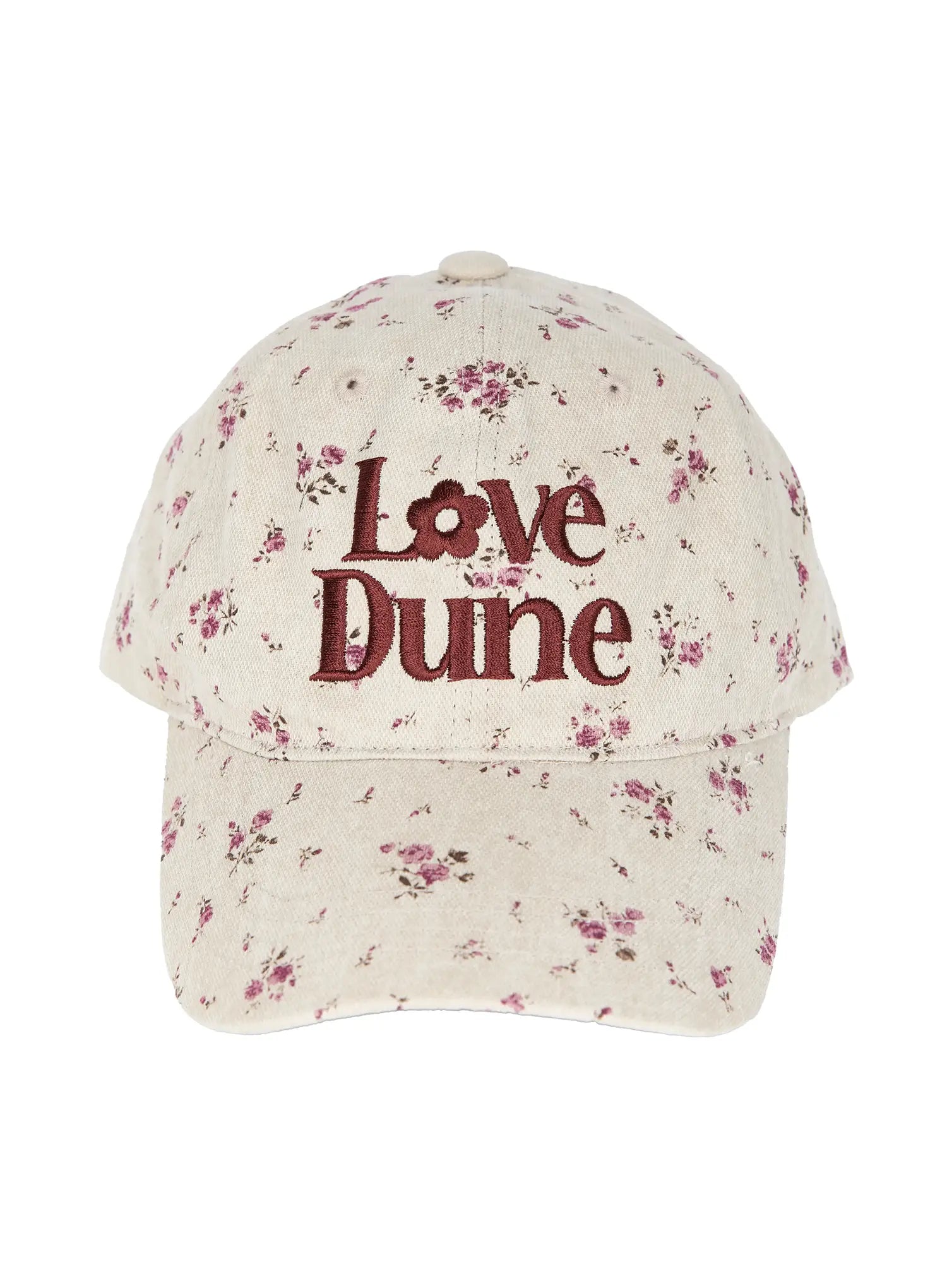 Camden Flower Ball Cap IL503 cream front product shot, burgundy Love Dune embroidery with flower detail on all-over pink ditsy floral cotton canvas fabric