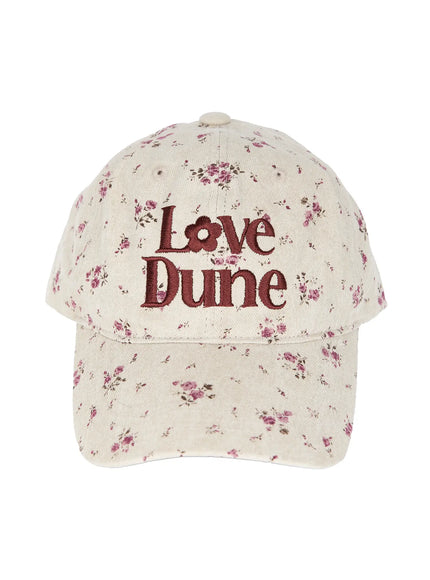 Camden Flower Ball Cap IL503 cream front product shot, burgundy Love Dune embroidery with flower detail on all-over pink ditsy floral cotton canvas fabric