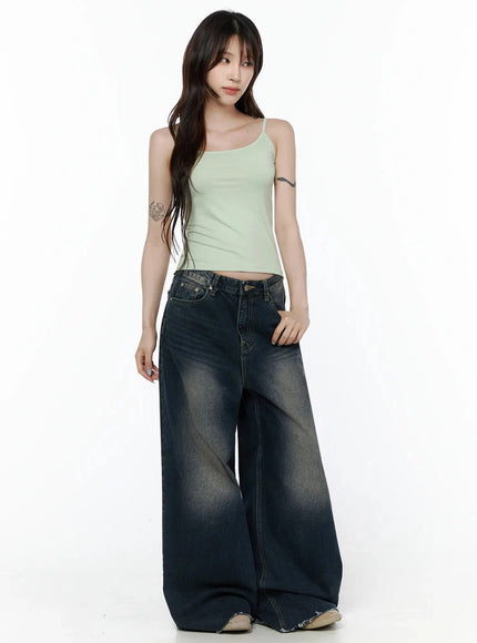 Cami Tank Top IL506 Mint full-body front shot on model standing straight, cropped silhouette with thin straps, styled with wide-leg washed denim jeans