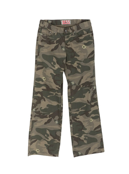 Camo Cargo Trousers IL522 Dark green flat-lay front view showing full-length wide-leg silhouette, OOTJ ORGN label, flower motifs on camo print