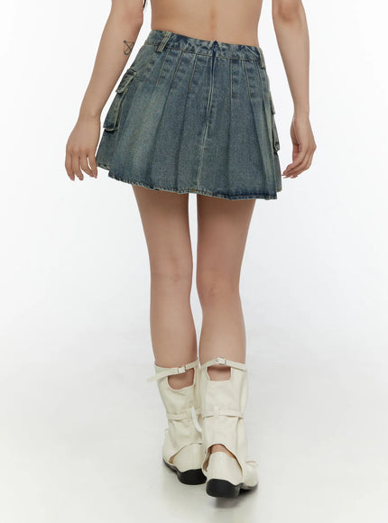 Cargo Pleated Vintage Wash Denim Skirt CL507 Blue back shot on model showing pleated hem zip closure and faded vintage wash paired with plaid crop shirt