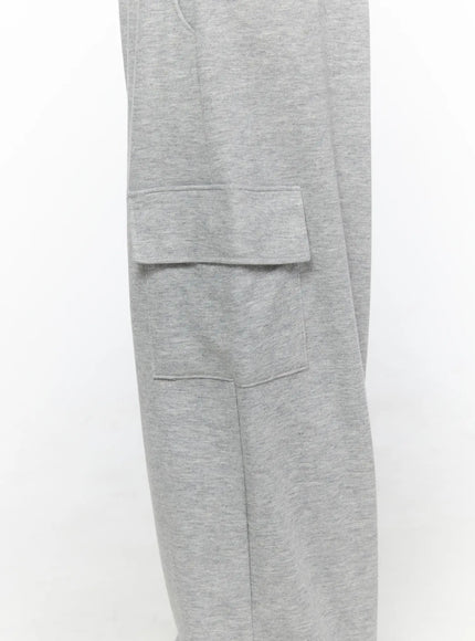 Cargo Wide Leg Sweatpants CL524 Gray close-up side detail shot showing stacked flap cargo pocket stitching and heathered cotton fabric texture on wide leg