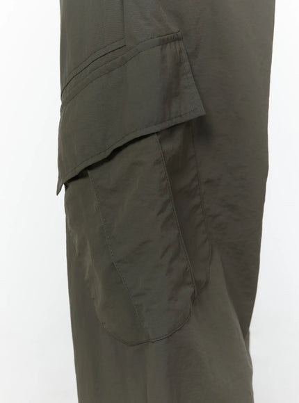 Cargo Wide Parachute Pants CU526 Dark gray close-up detail shot of side cargo pocket flap panel seaming and lightweight nylon texture