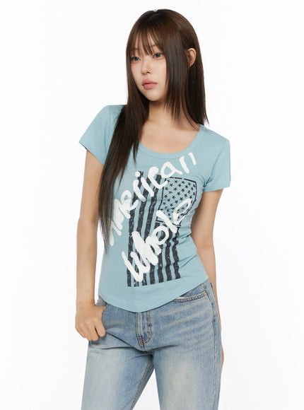 Casual Graphic Short Sleeve Tee IL523 in Light blue, size S/M