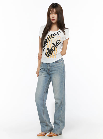 Casual Graphic Short Sleeve Tee IL523 White full-body front shot on model standing straight showing complete silhouette with wide-leg jeans and tan sandals