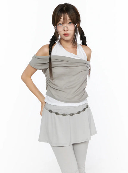 LEWKIN Casual Layered Halter Top CL517 Beige S/M front shot on model with braided pigtails hand on hip layered off-shoulder draped knit top
