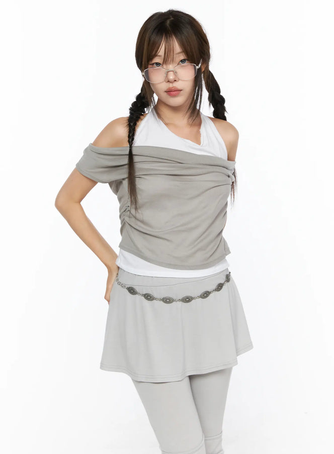 LEWKIN Casual Layered Halter Top CL517 Beige S/M front shot on model with braided pigtails hand on hip layered off-shoulder draped knit top