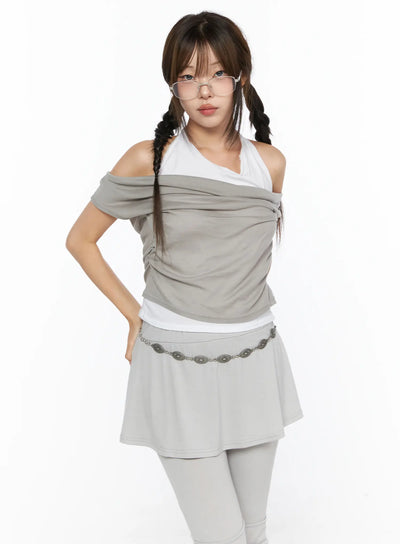 LEWKIN Casual Layered Halter Top CL517 Beige S/M front shot on model with braided pigtails hand on hip layered off-shoulder draped knit top