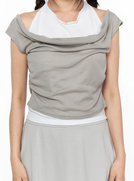 Casual Layered Halter Top CL517 Beige close-up front detail shot on model showing ruched off-shoulder drape cowl neckline layered over white halter