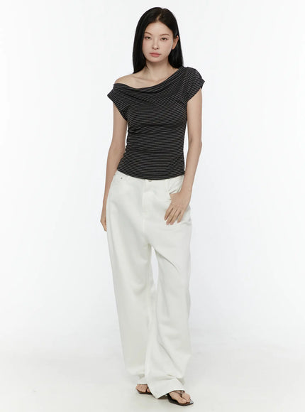 Casual Low-Rise Wide Leg Cotton Pants IL506 White full-length front model shot with black stripe off-shoulder top, standing straight, showing wide-leg length