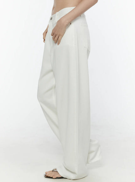 Casual Low-Rise Wide Leg Cotton Pants IL506 White side view on model showing low-rise waist, relaxed wide-leg drape, and thong sandals