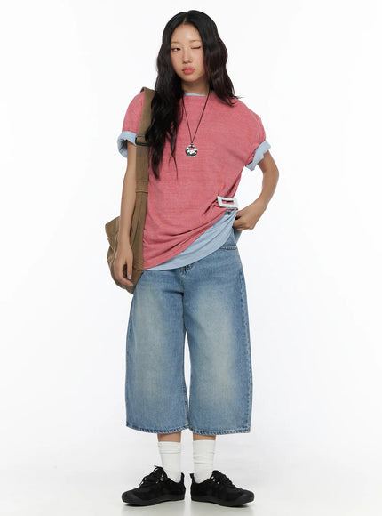 Casual Oversized T-Shirt CL513 Pink full-body front model shot styled with wide-leg denim, canvas backpack, white socks and black sneakers