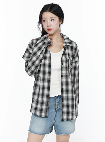 Casual Plaid Button-Up Shirt IU525 in Black, size S/M