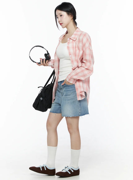 Casual Plaid Button-Up Shirt IU525 Pink side shot full-length model holding headphones and black bag open over white tank denim shorts Mary Jane shoes