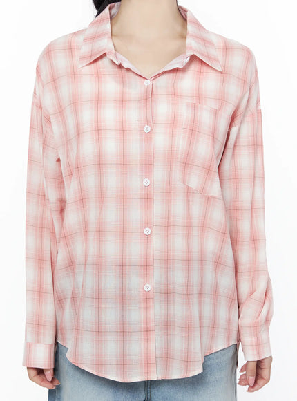 Casual Plaid Button-Up Shirt IU525 Pink detail crop shot model showing collar button-down front chest pocket ombre plaid woven fabric texture