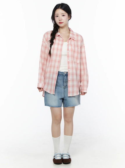 Casual Plaid Button-Up Shirt IU525 Pink front shot full-length model standing straight open over white tank top denim shorts white socks sandals