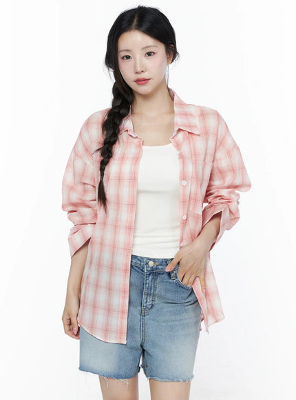 Casual Plaid Button-Up Shirt IU525 Pink front shot waist-up model one hand in pocket open over ribbed white tank top relaxed casual styling