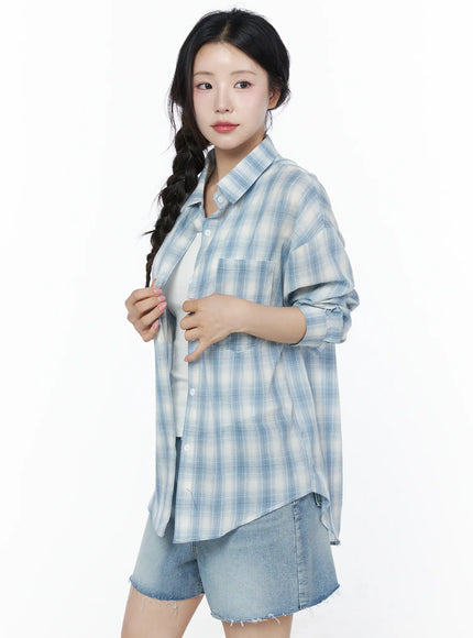 Casual Plaid Button-Up Shirt IU525 Blue side shot model touching lapel open over white tank top denim shorts soft ombre plaid lightweight fabric